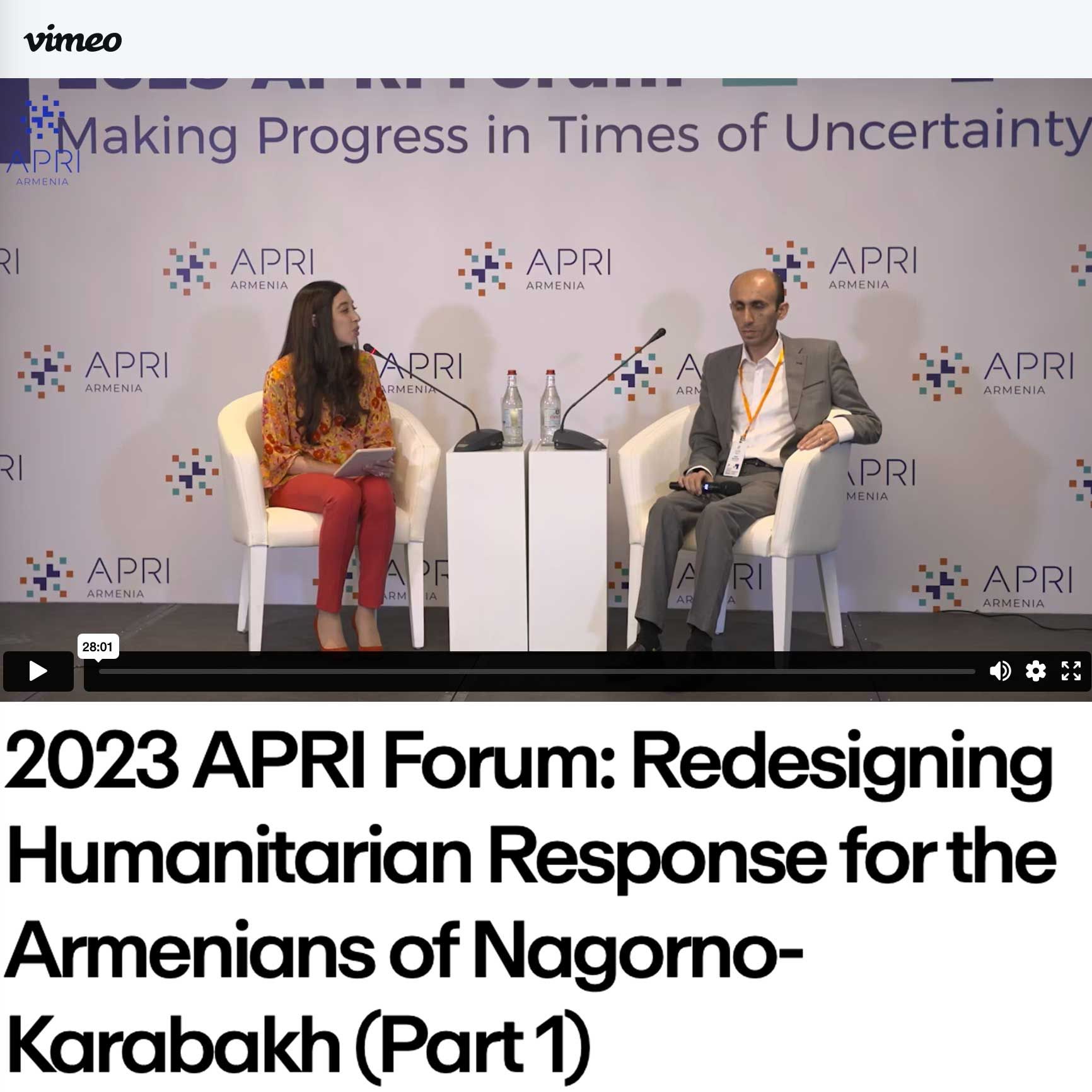 Lynn Zovighian& Artak Beglaryan on stage 2023 APRI Forum Redesigning Humanitarian Response for Armenians of Nagorno-Karabakh