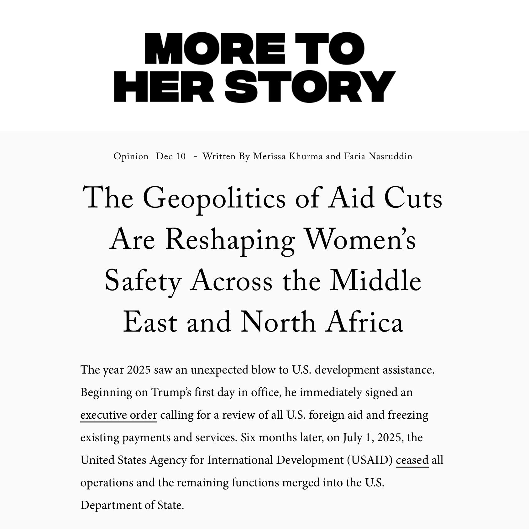 More to Her Story interview with Lynn Zovighian. Headline on grey background reads: The Geopolitics of aid cuts are reshaping women's safety across the Middle East and North Africa