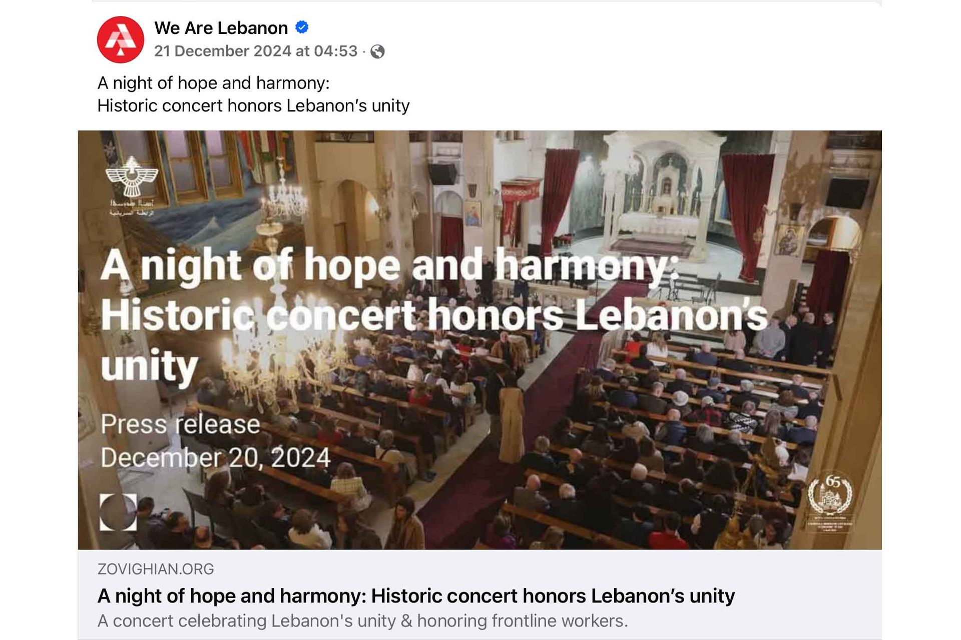 We Are Lebanon feature; a concert inside a church, headline: “A Night of Hope and Harmony
