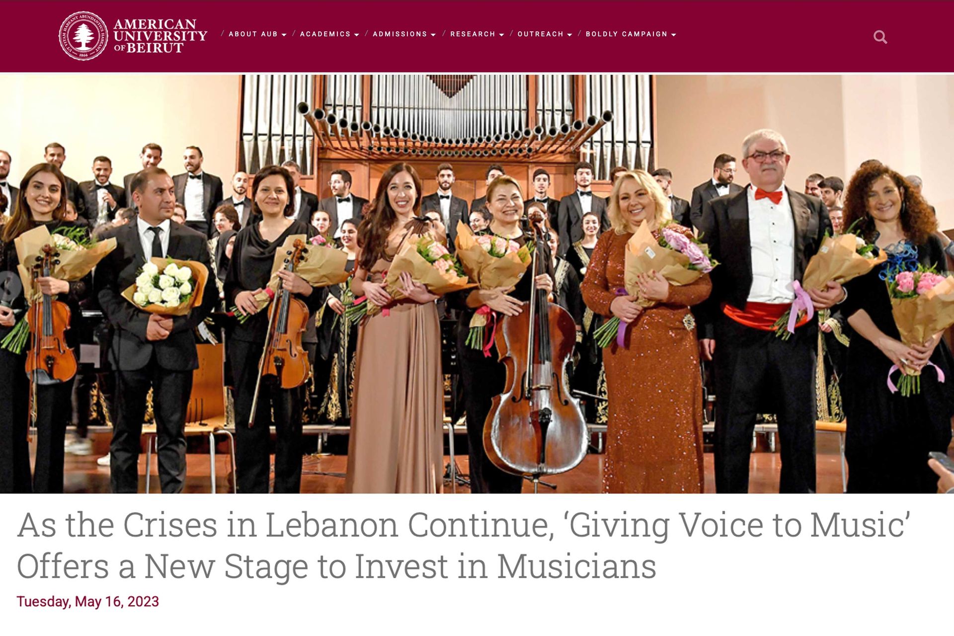 AUB feature Lynn Zovighian, Maria Mattar & Barkev Taslakian with musicians holding flowers at Giving Voice to Music concert