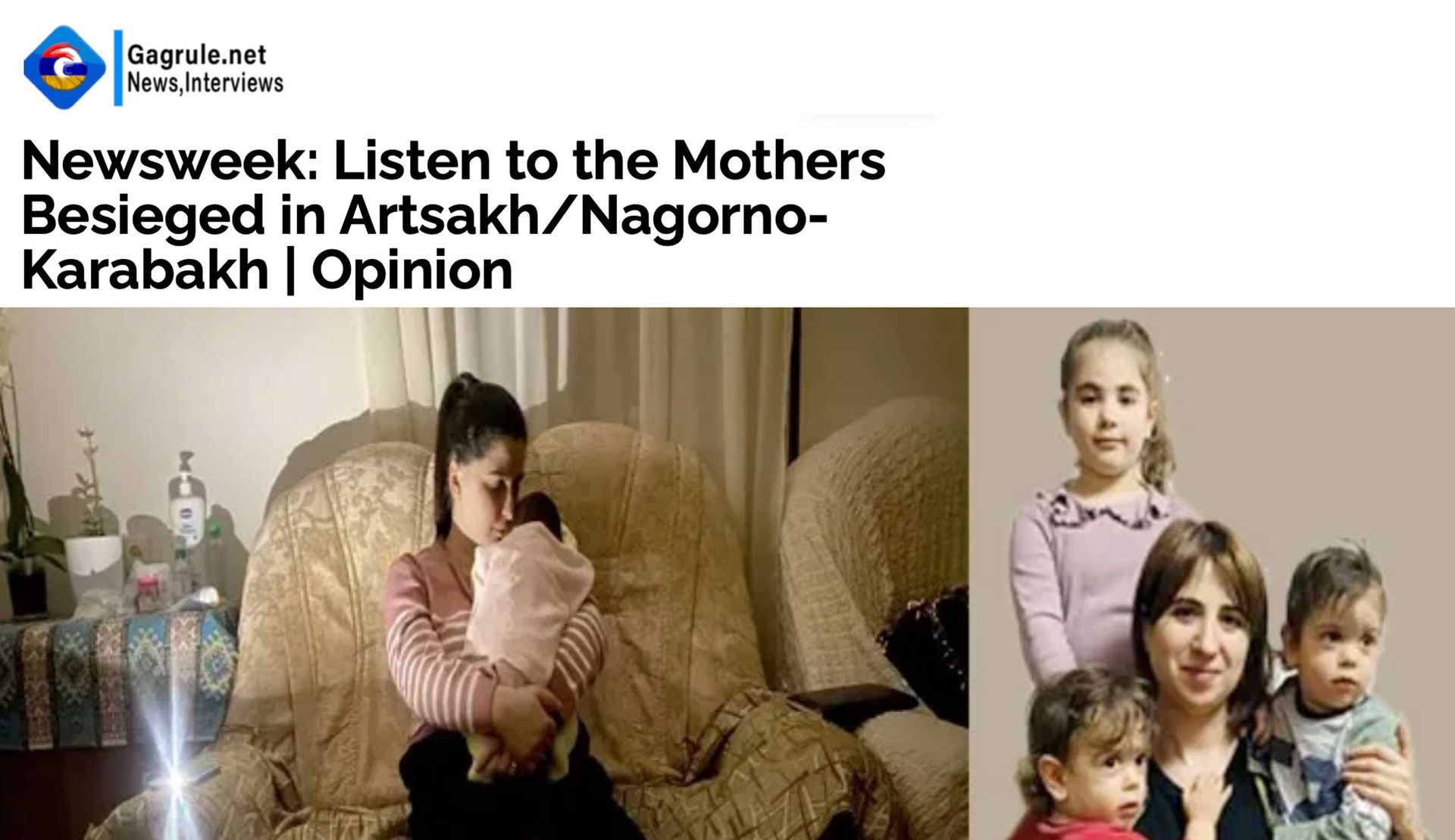 Gargule.net showing two women with children; headline discusses listening to mothers under siege in Artsakh/Nagorno-Karabakh.