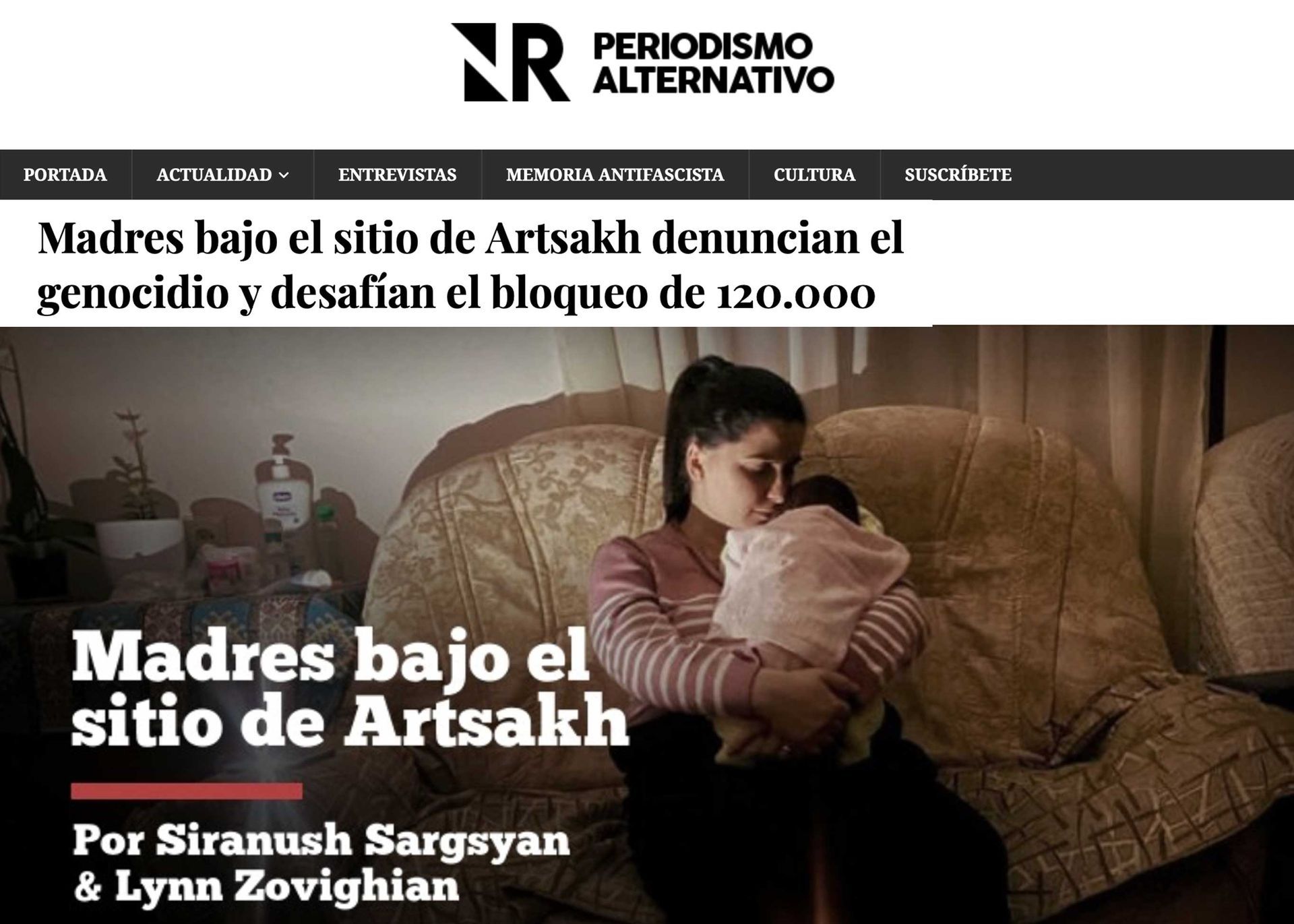 Periodismo Alternativo article showing a woman holding a baby; Spanish headline reads “Mothers Under the Siege of Artsakh.”