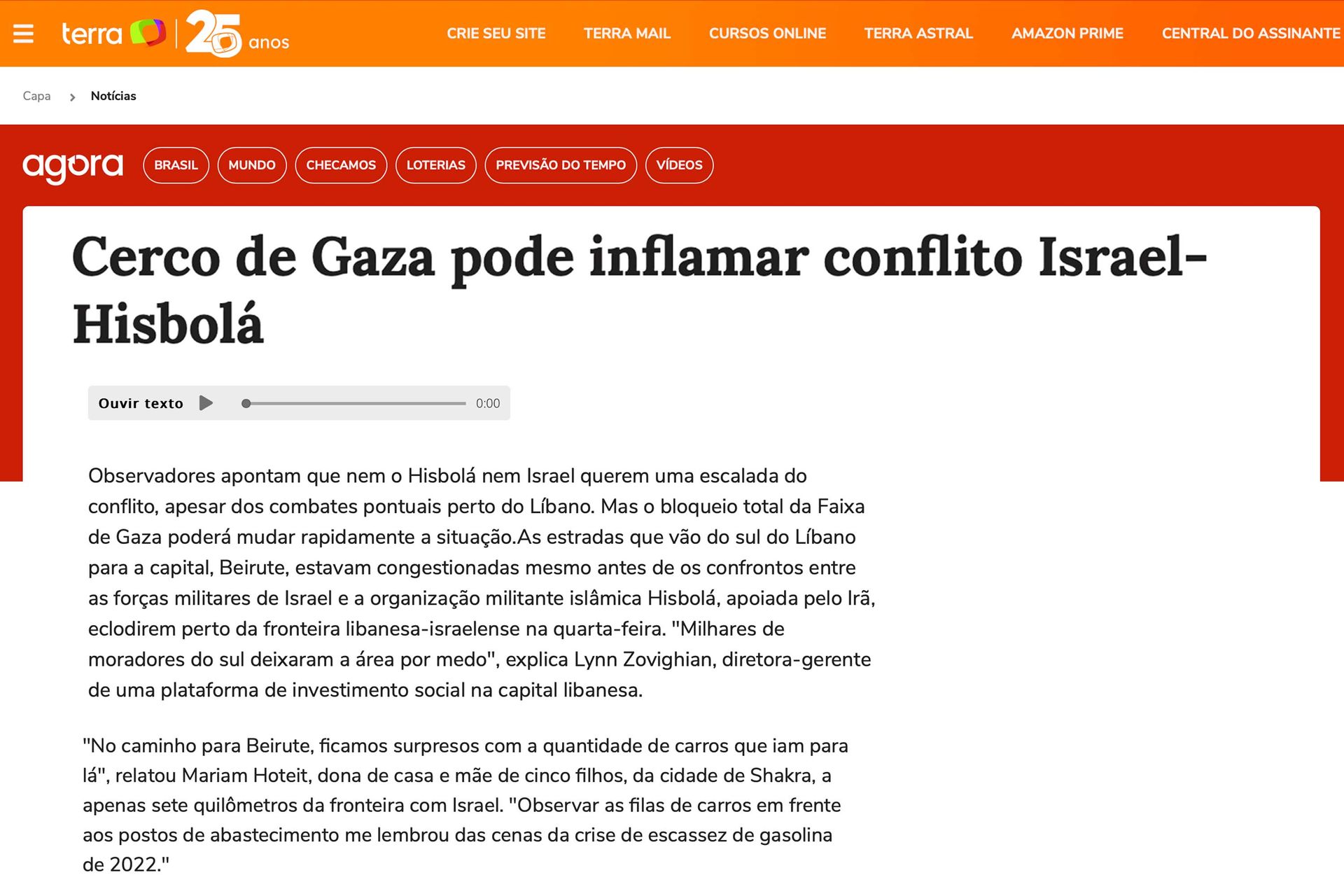 Agora news feature titled “Gaza blockade could inflame Israel-Hezbollah conflict,