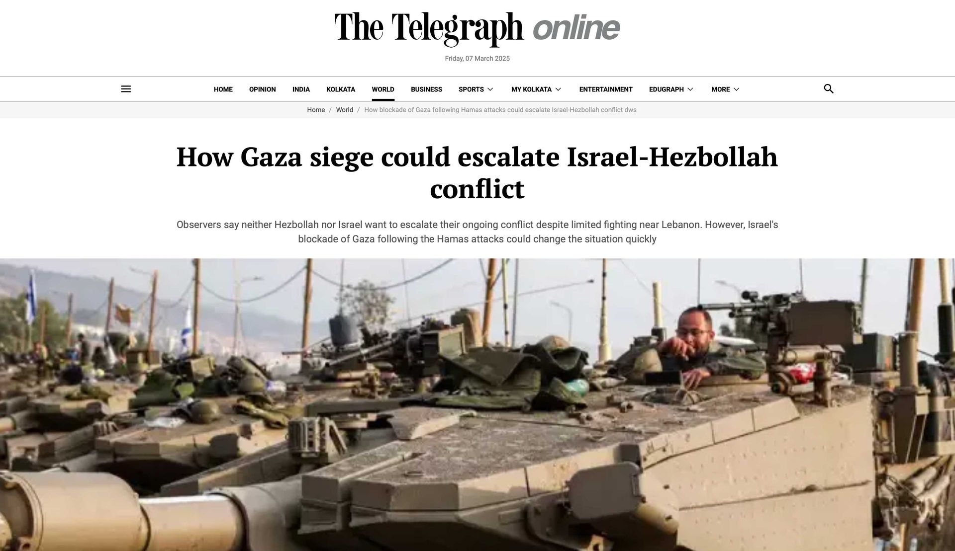 The Telegraph Online feature;  A soldier on a tank; Headline: How the Gaza siege could escalate the Israel-Hezbollah conflict