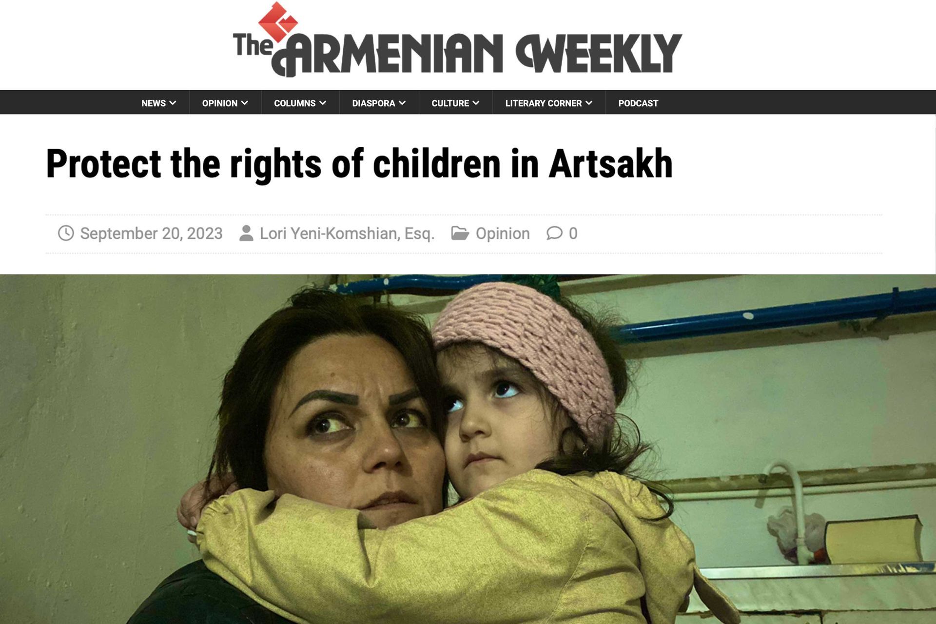 The Armenian Weekly article with a woman holding a child; headline urges protecting children’s rights in Artsakh.