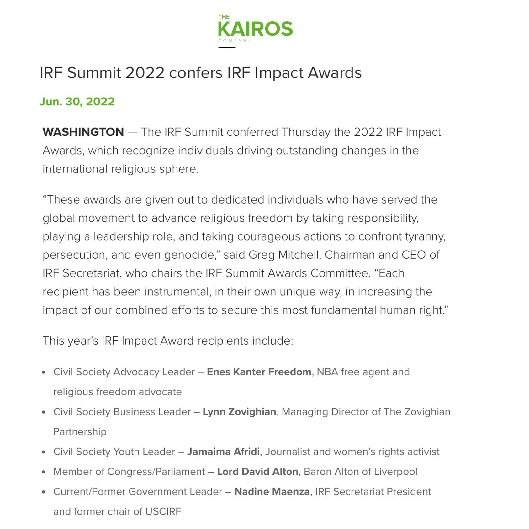The karios company media feature on IRF summit 20222 confers IRF impact awards