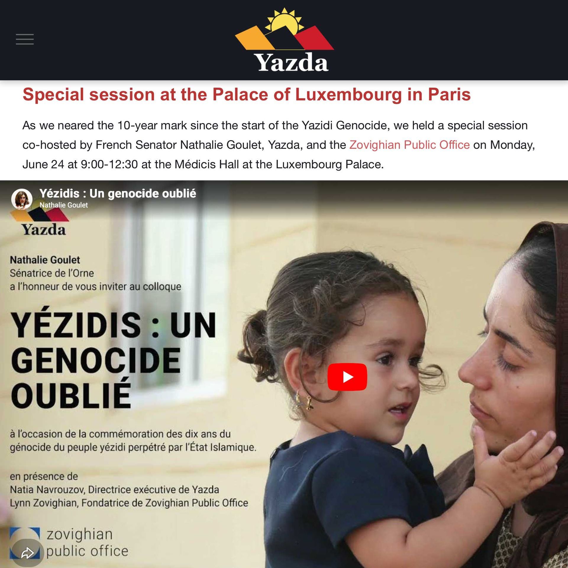 Yazda Website promoting a session about the Yazidi genocide at the Palace of Luxembourg;  photo of a woman and child.
