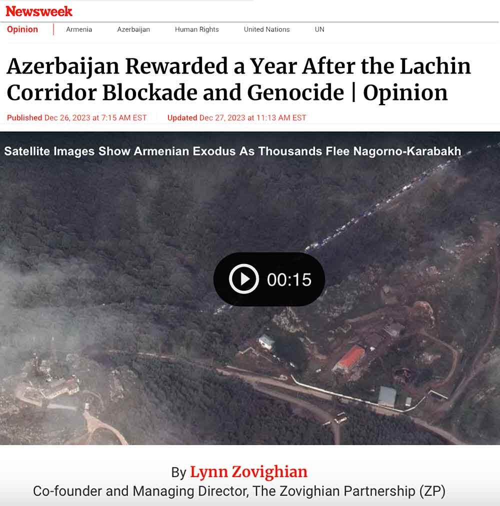 Newsweek article: Azerbaijan rewarded, with satellite image of Armenians fleeing Nagorno-Karabakh.