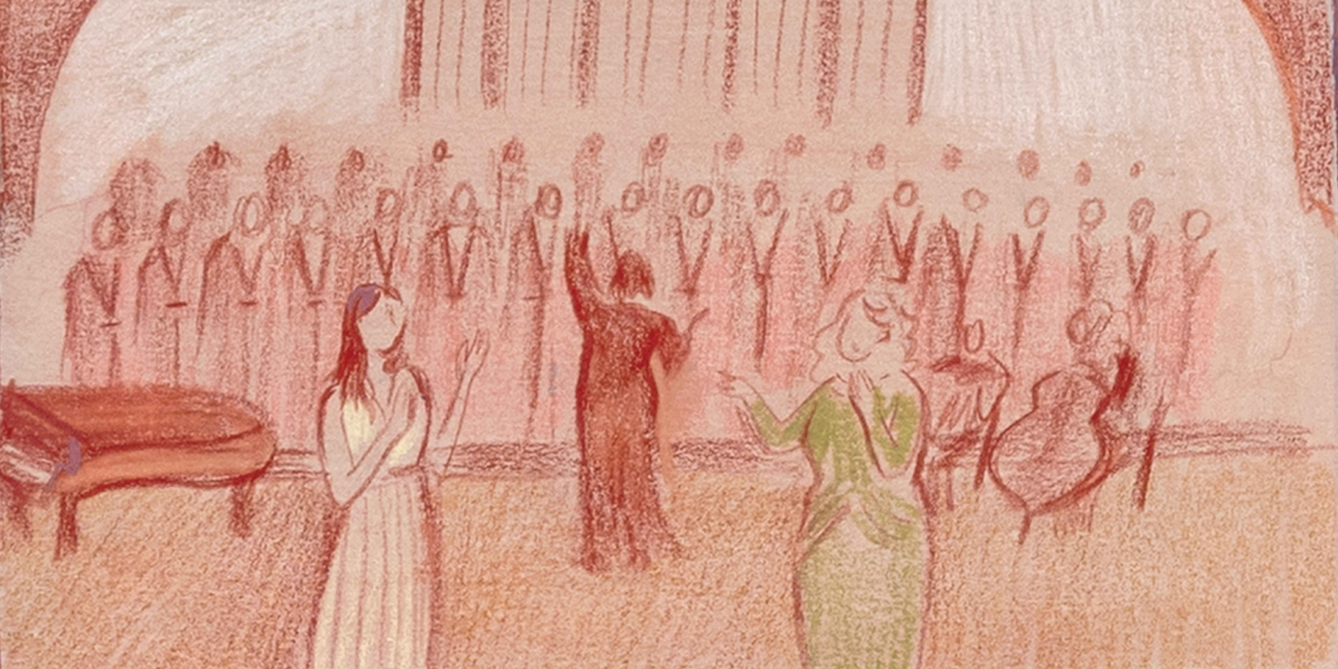 Red-toned illustration of a choir performing on stage in Beirut with a conductor raising a hand, and cellist on the right.