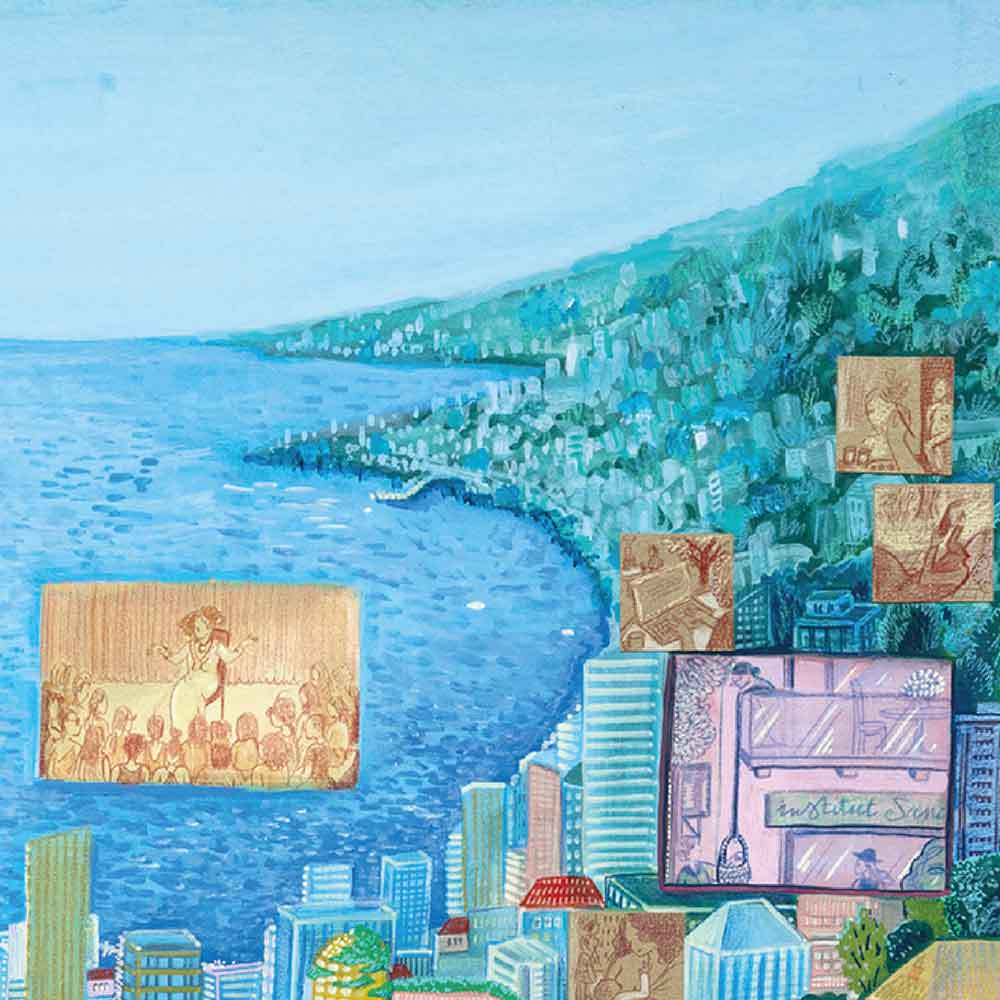 A colourful lithograph of Beirut  by Noémie Honein depicting the Beirut coastline in bright blue and turquoise tones.