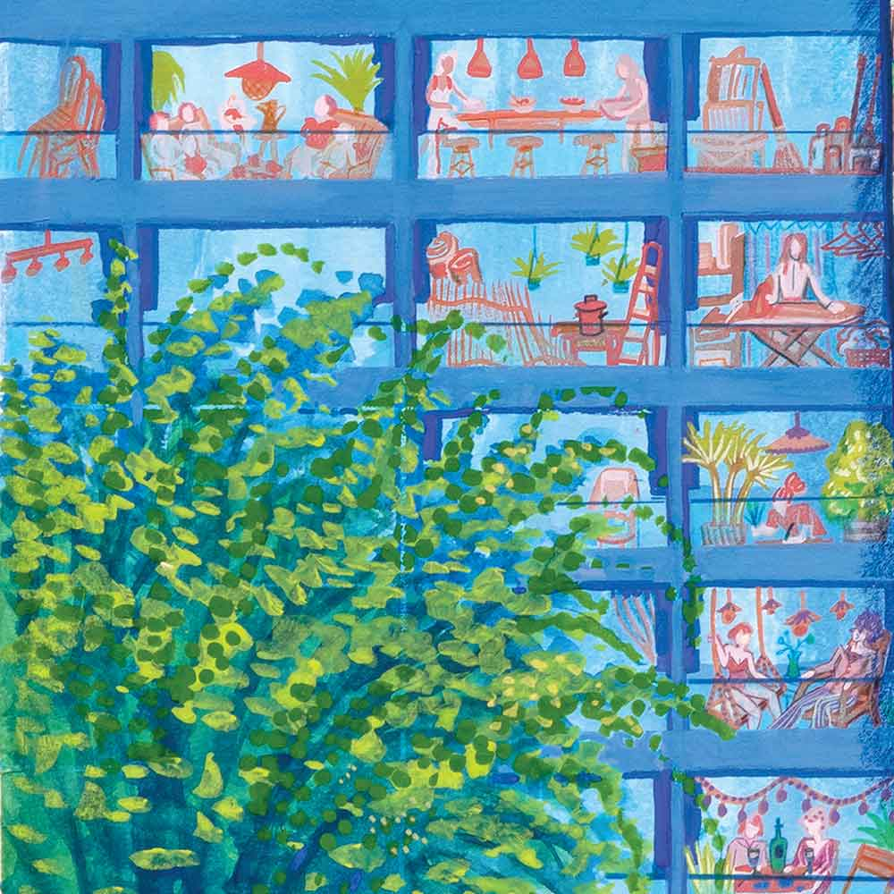 A colourful lithograph of Beirut; a blue building with open windows revealing interior scenes, with leafy green plants.