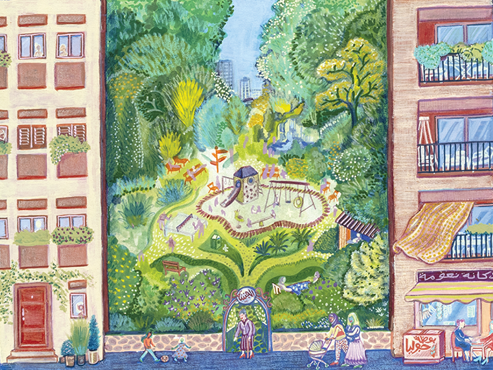 A colourful lithograph of Beirut; park scene with people on swings and greenery, nestled between tall colorful buildings.