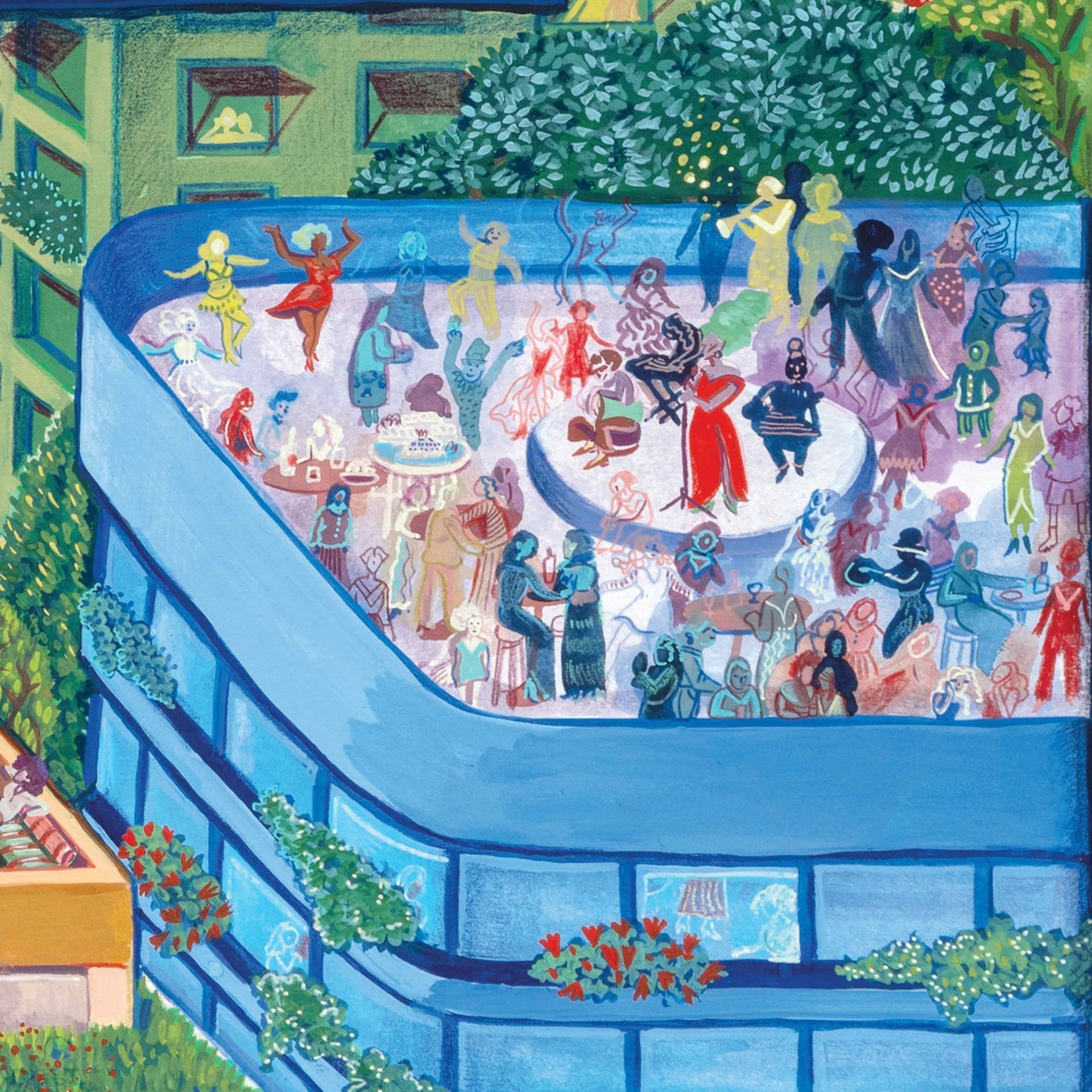 A colourful lithograph of Beirut; A rooftop party on a blue building, with people dancing and socializing under warm lights.
