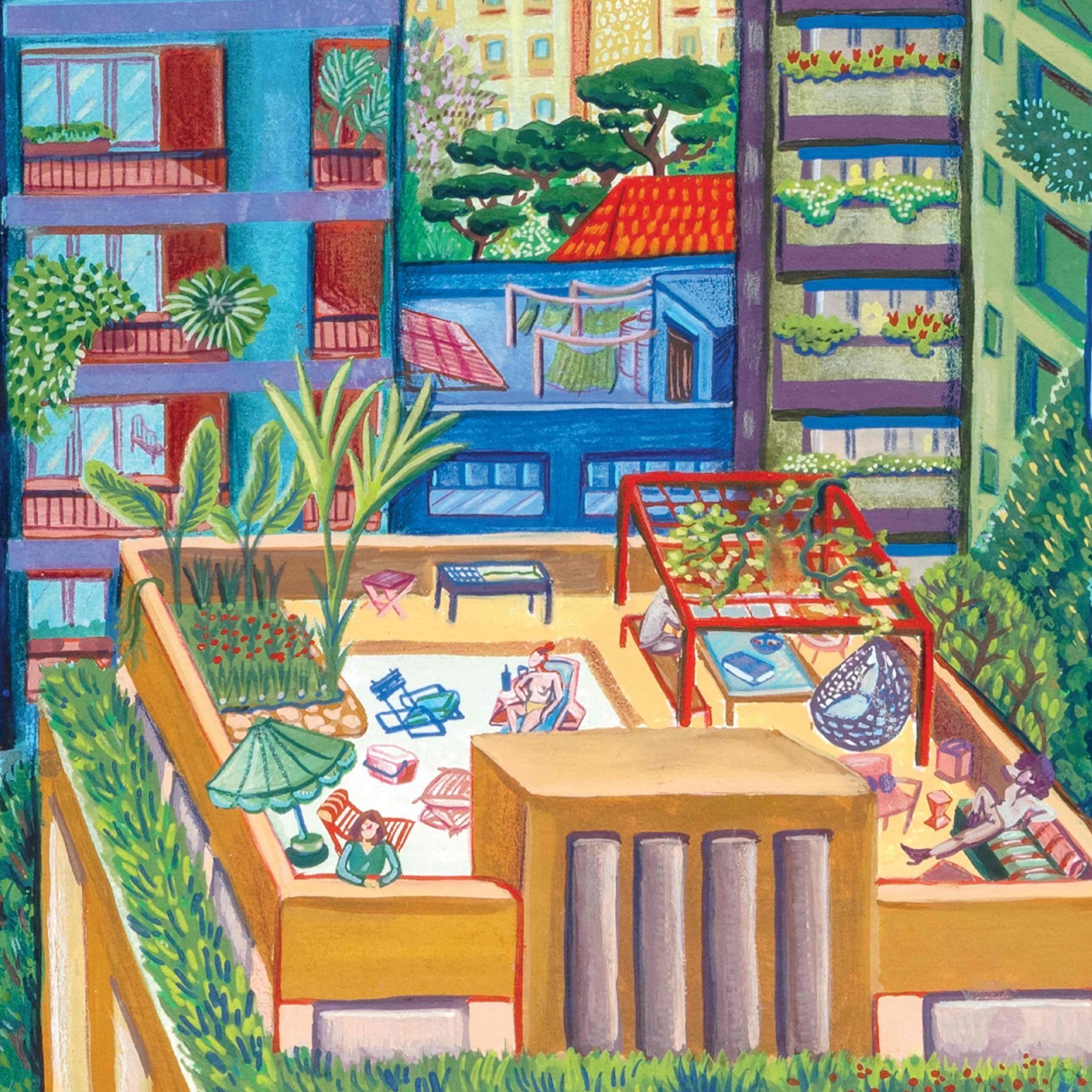 A colourful lithograph of Beirut; Rooftop garden scene with lush plants, lounge chairs, and buildings in colorful pastel hues