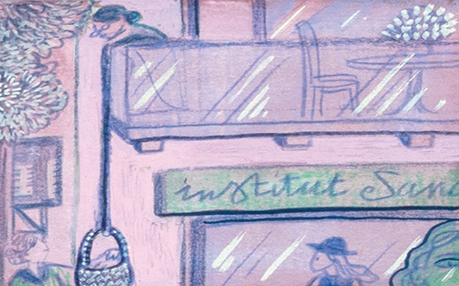 A colourful lithograph of Beirut; A Beirut storefront with green signage and pink-toned details.