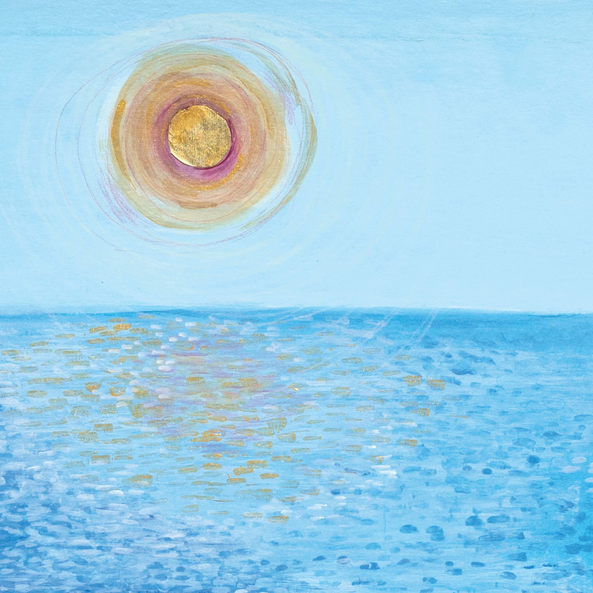 A colourful lithograph of Beirut; Painting of the sun glowing over a calm blue sea with warm yellow and gold reflections.