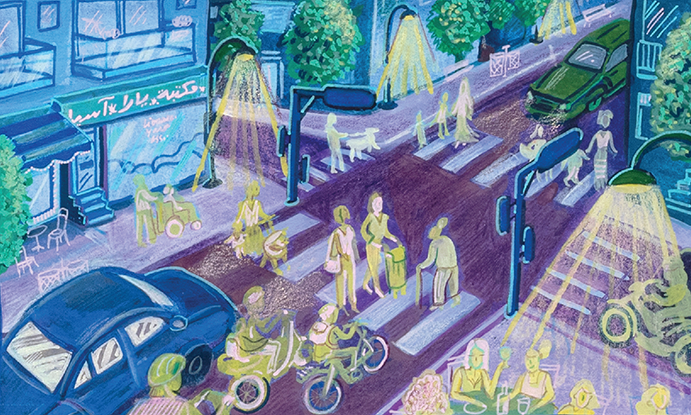 A colourful lithograph of Beirut; Street scene with pedestrians at a crosswalk cars, & buildings, illuminated by streetlights