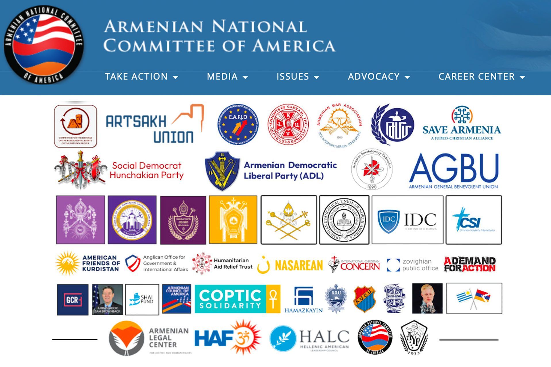 ANCA media feature displaying multiple Armenian organizational logos, headline text related to advocacy & community networks
