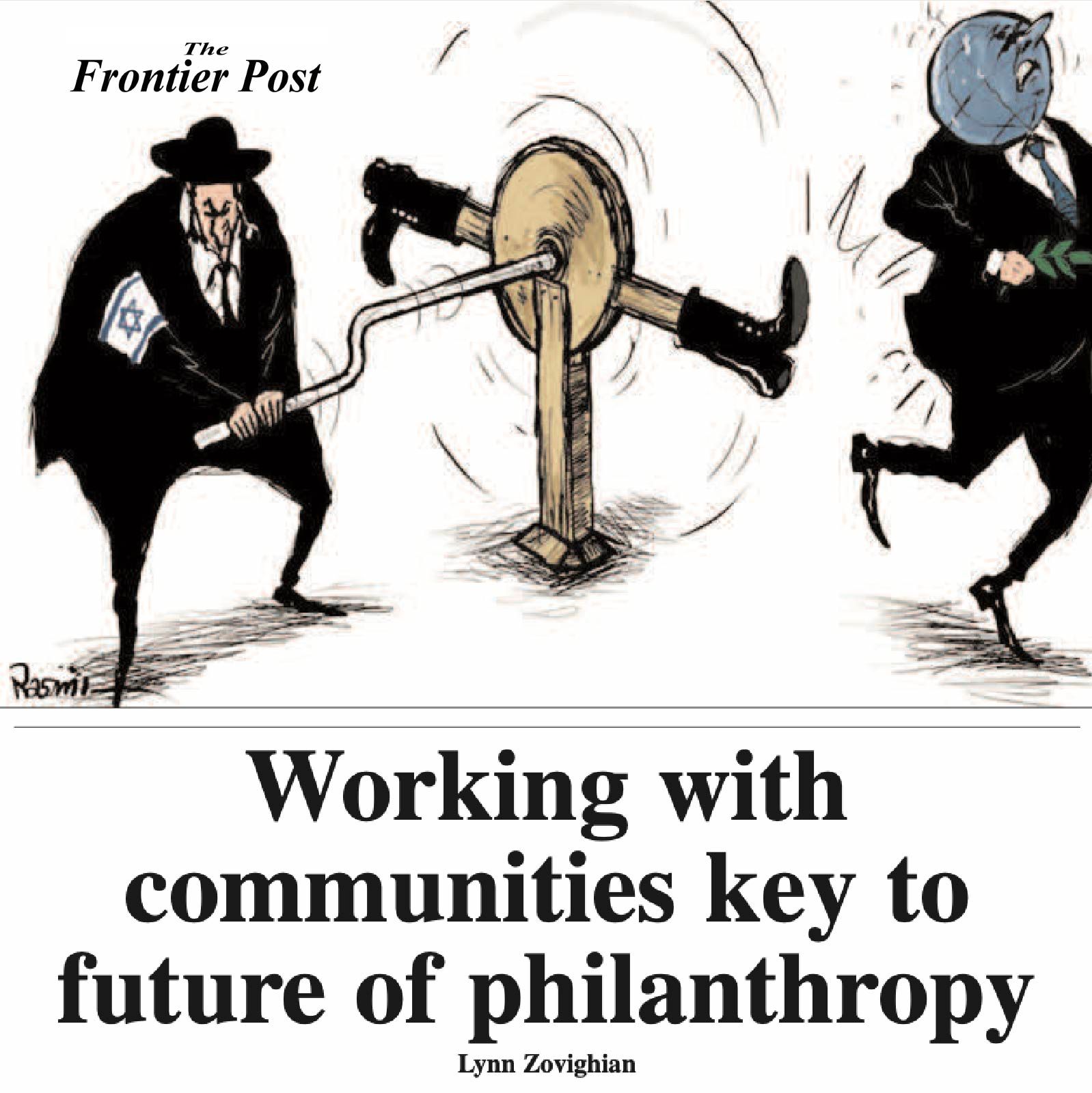 Newspaper cartoon depicts people working a device; headline