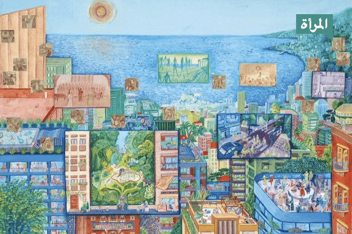 Colorful cityscape painting with ocean view, people, buildings, and text