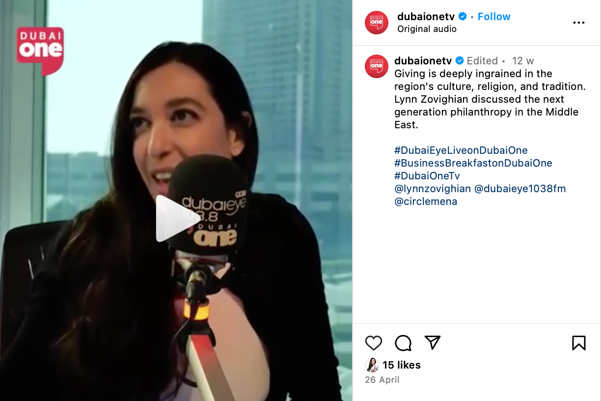 Lynn Zovighian during an interview with Dubai One at the studio wearing a black blazer. Screenshot from instagram