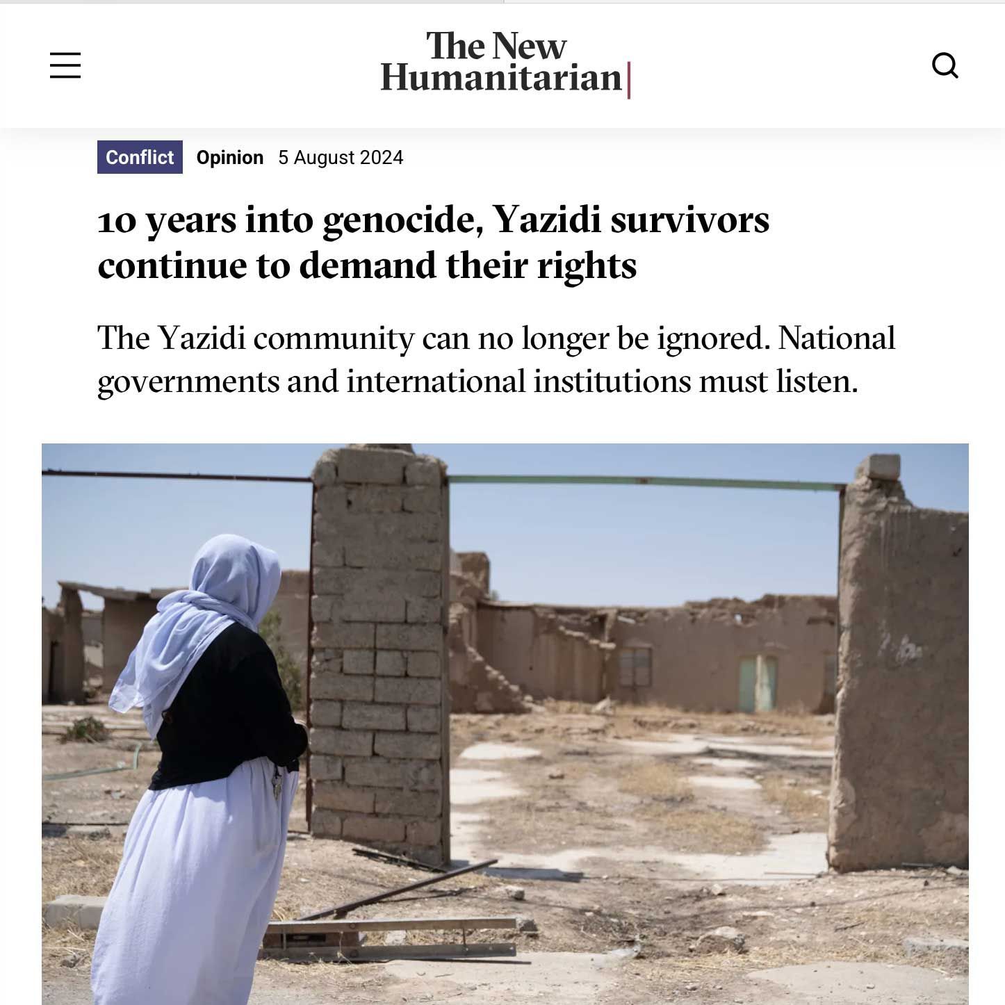 The New Humanitarian op-ed by Lynn Zovighian n Yazidi genocide survivors.
