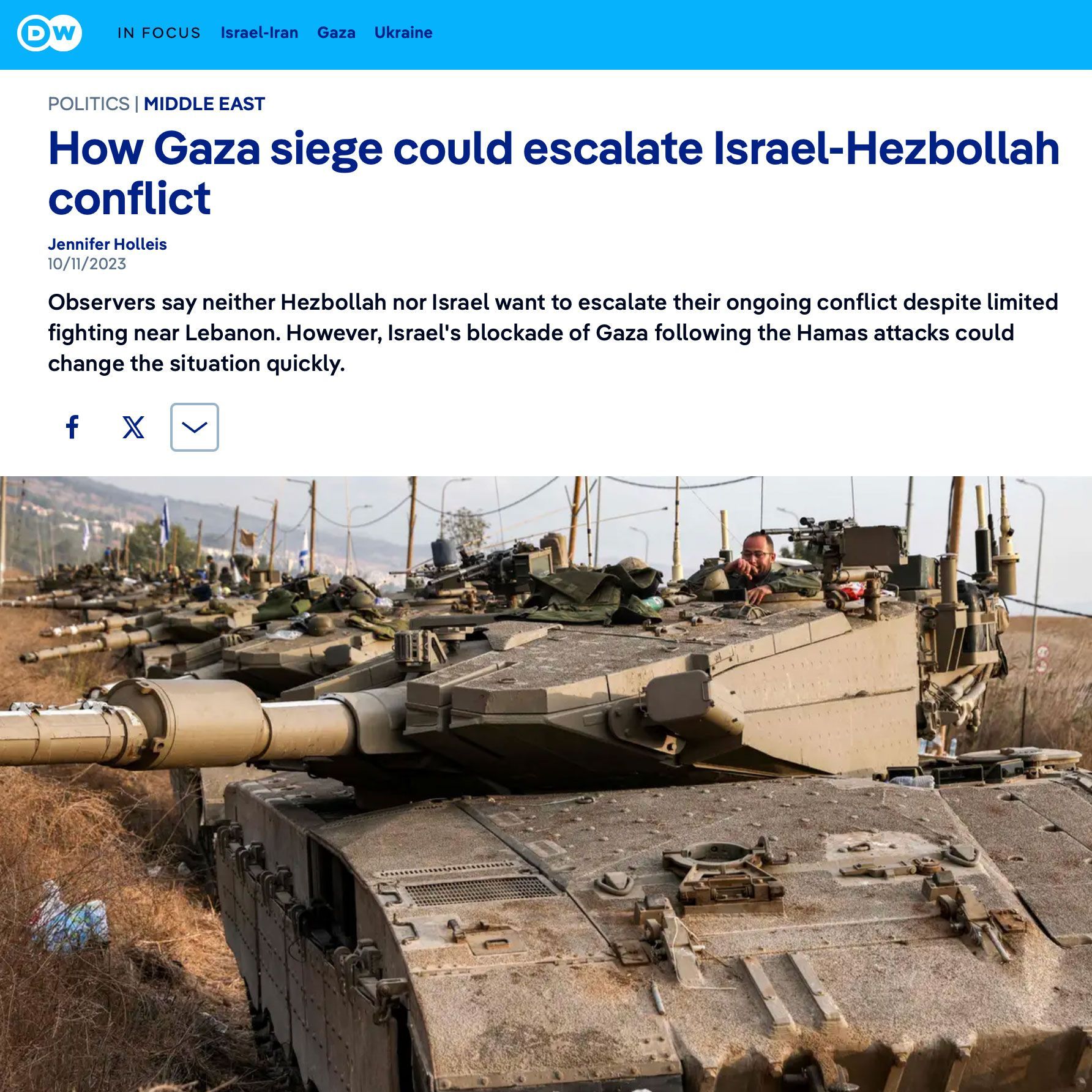 DW news article about how gaza siege could escalate israel-hezbollah conflict.