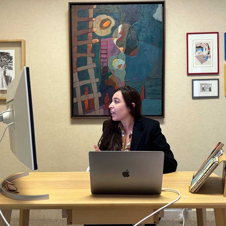 Lynn Zovighian at The Zovighian Public Office in Beirut. She is in a blazer at her desk, looking at a computer screen.