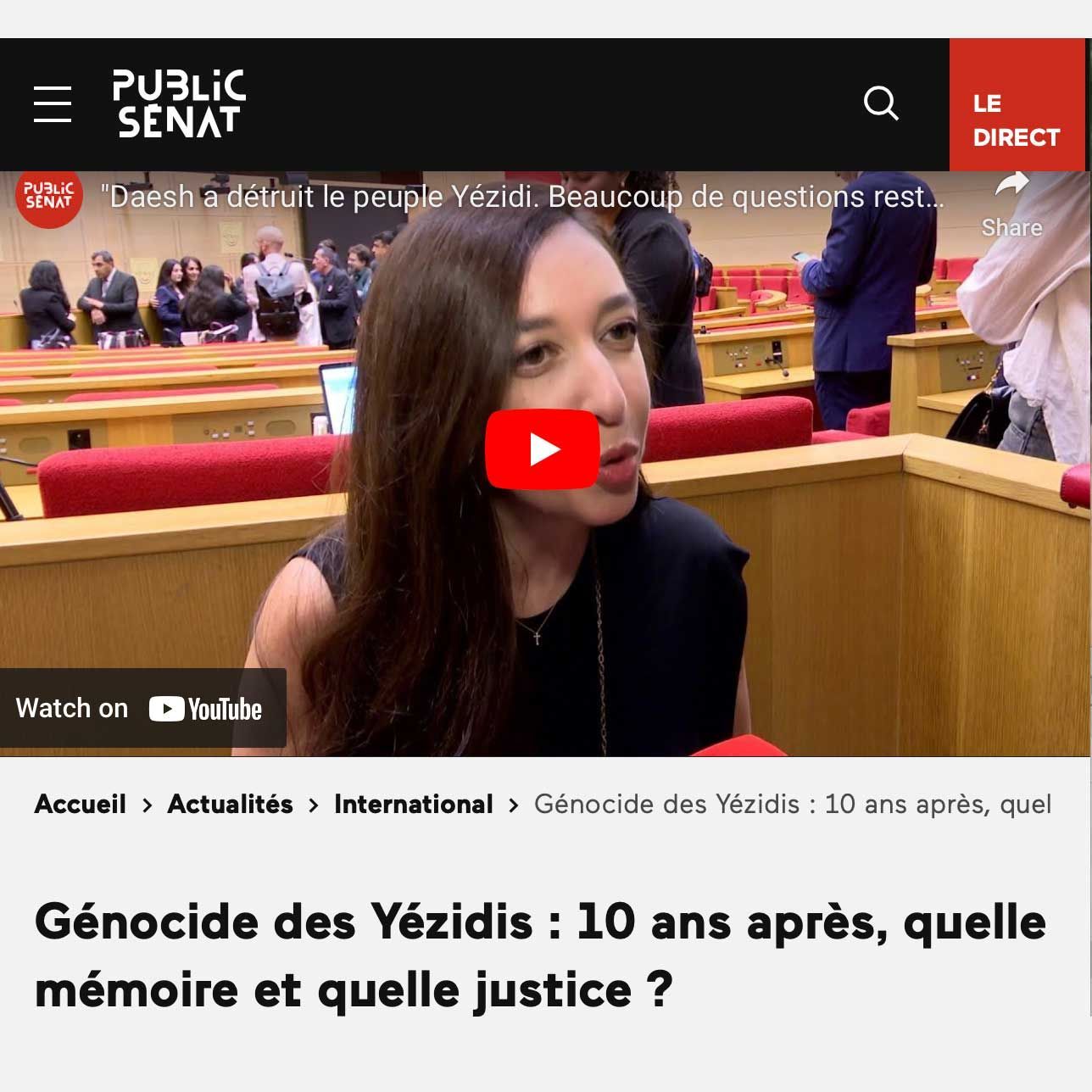 Public Senat feature; Lynn Zovighian speaking in a courtroom about the Yazidi genocide.