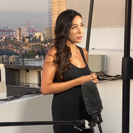 Lynn Zovighian during CNN interview about the Beirut Blast. She is on a rooftop overlooking Beirut city.
