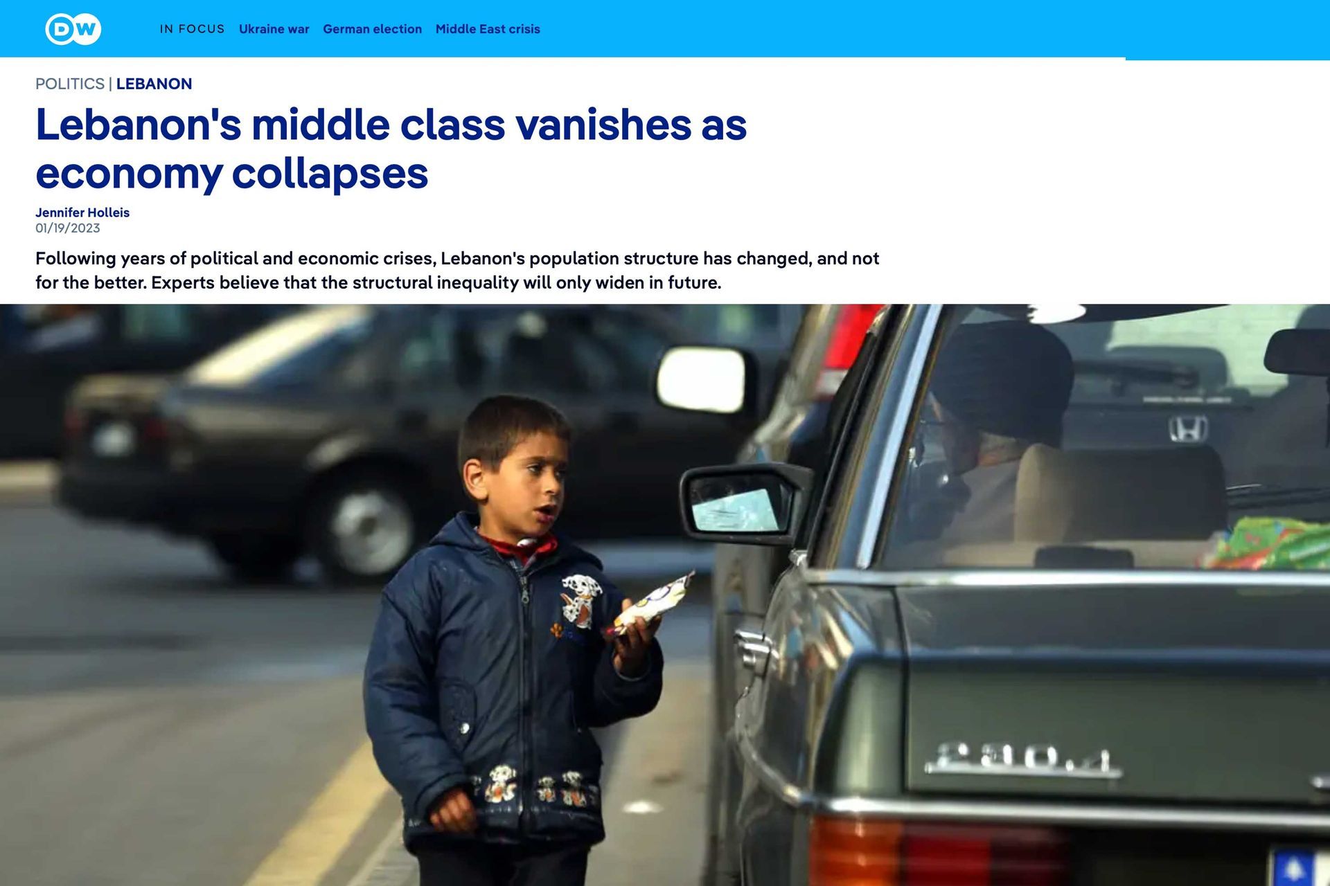 DW feature. Headline: Lebanon's middle class vanishes as economy collapses. Boy selling items to drivers on a road.