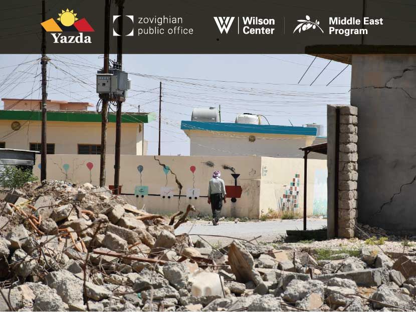 Man walking through damaged Sinjar street Yazda, ZPO, Wilson Center, and Middle East Program logos on top.