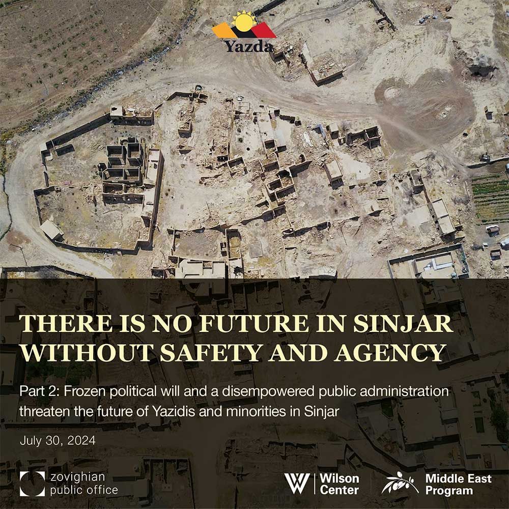 Cover of Yazda and Wilson Center policy paper Part 2, showing an aerial view of destroyed buildings with the Yazda logo.