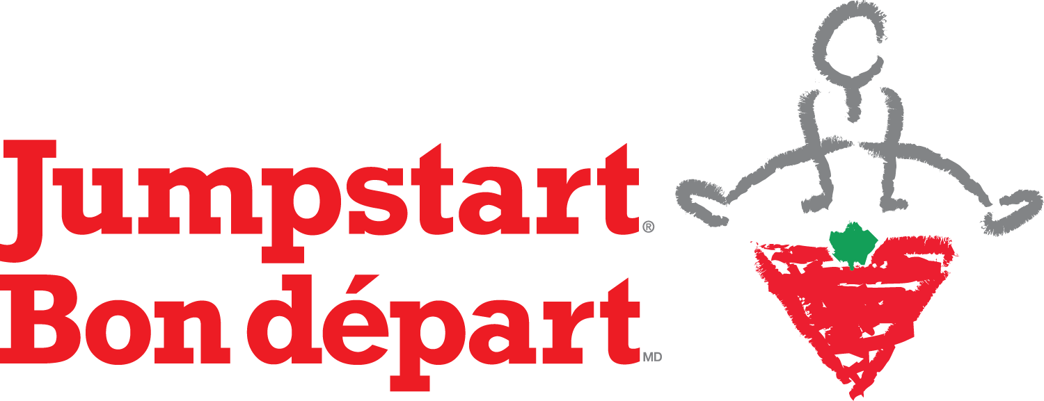 Jumpstart Bon départ logo with stylized child figure and red strawberry basket