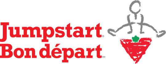 Jumpstart Bon départ logo with stylized child figure and red strawberry basket