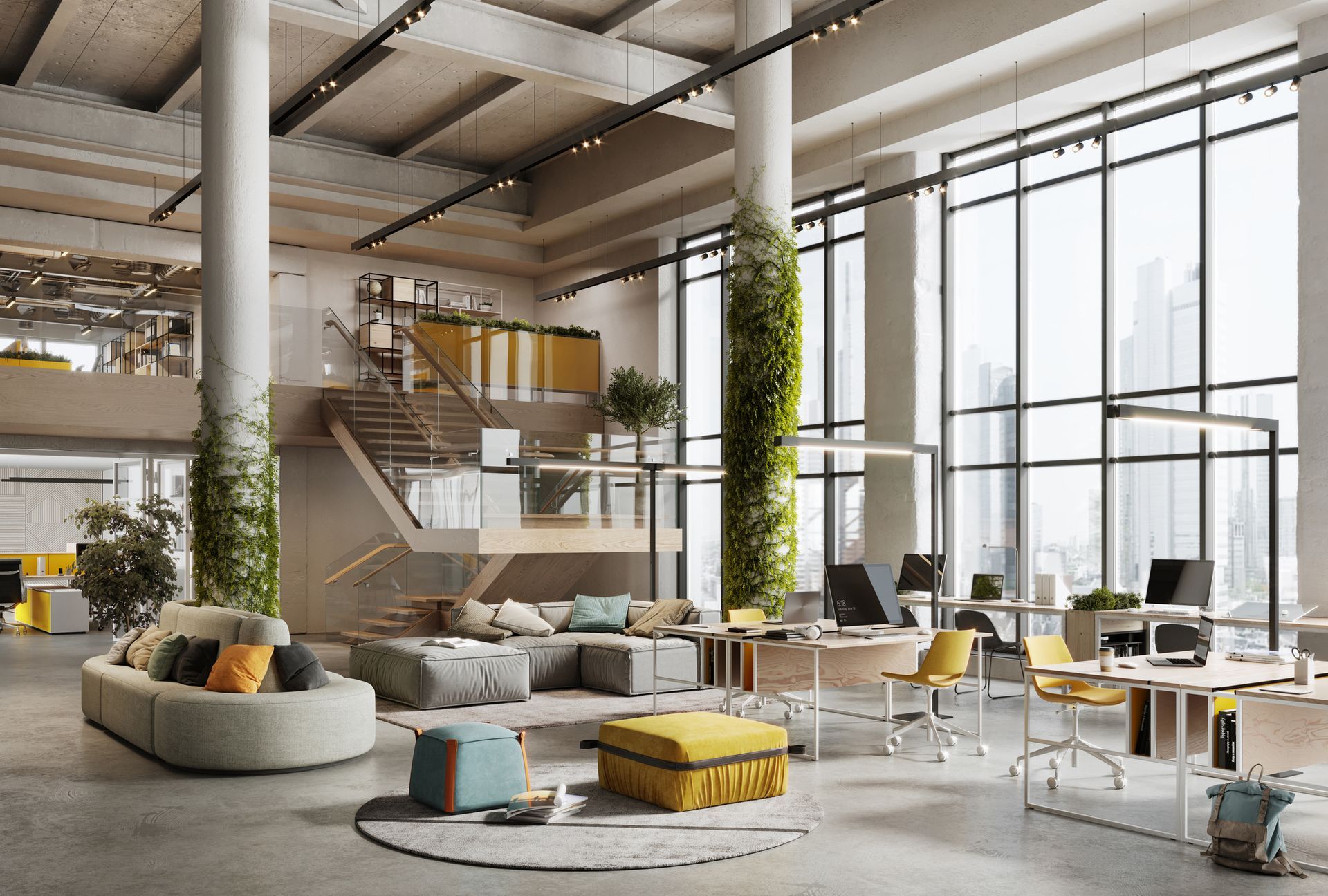 Open-plan office with high ceilings, concrete floors, and large windows.  Lounge area, desks, and two pillars covered with greenery.