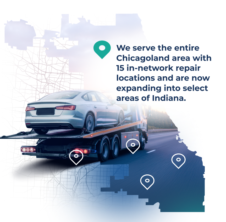 Tow truck carrying a car, map of Chicago with location markers, text: