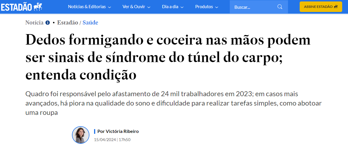 Manchete de notícia brasileira sobre deformidades nos dedos e nas mãos como possíveis sinais de síndrome do túnel do carpo