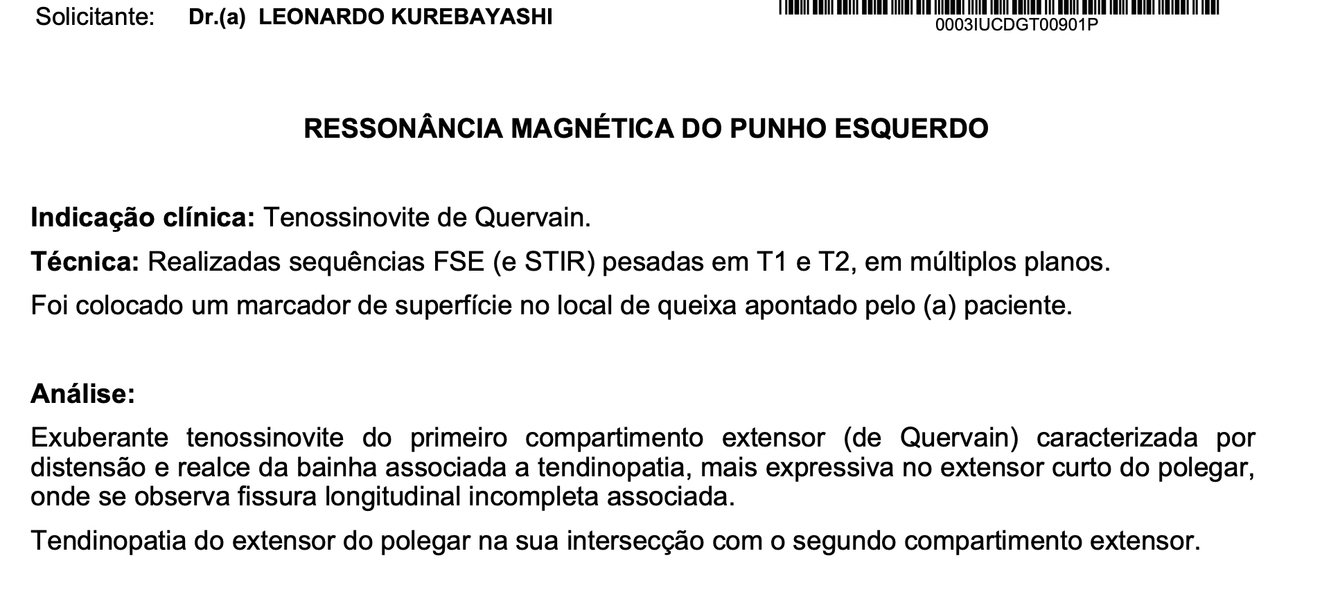 Imagem de laudo de paciente com Tenossinovite de Dequervain