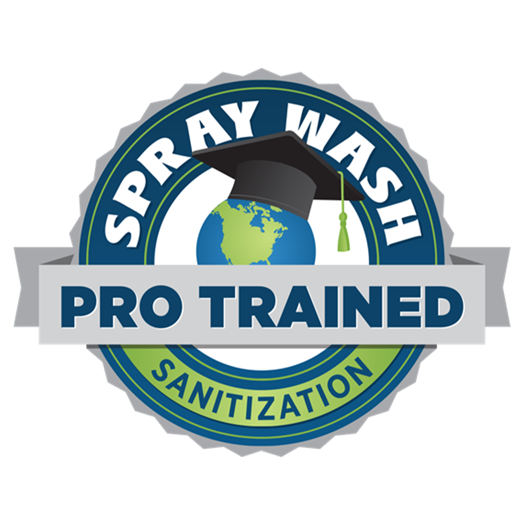 A logo for spray wash pro trained sanitization