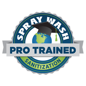 A logo for spray wash pro trained sanitization
