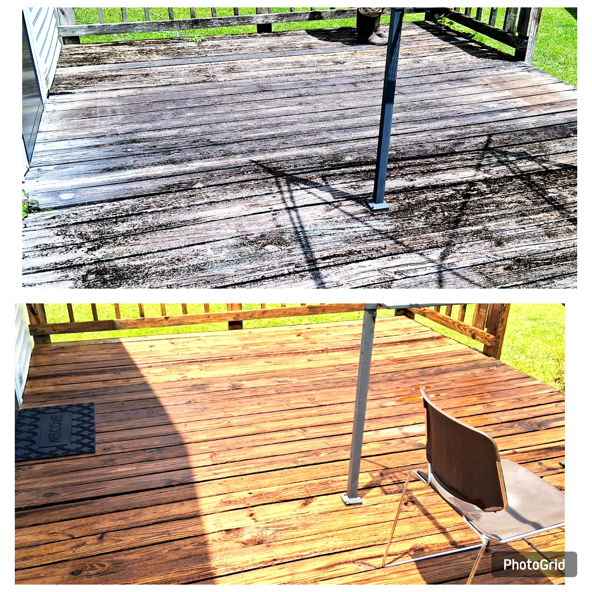 Before and after comparison of a wooden deck, showing the removal of mold and grime followed by a fresh wood stain.