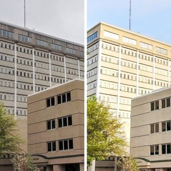 “Before and after comparison of a commercial building exterior following professional pressure washi
