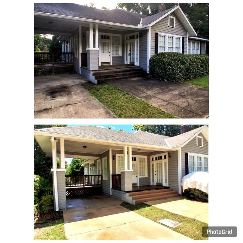 Before and after comparison of a home exterior and driveway highlighting improved cleanliness after