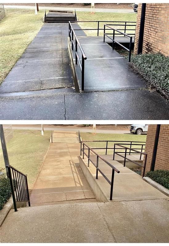 Before-and-after view of a concrete ramp and walkway cleaned of grime and discoloration to reveal the original stone color.
