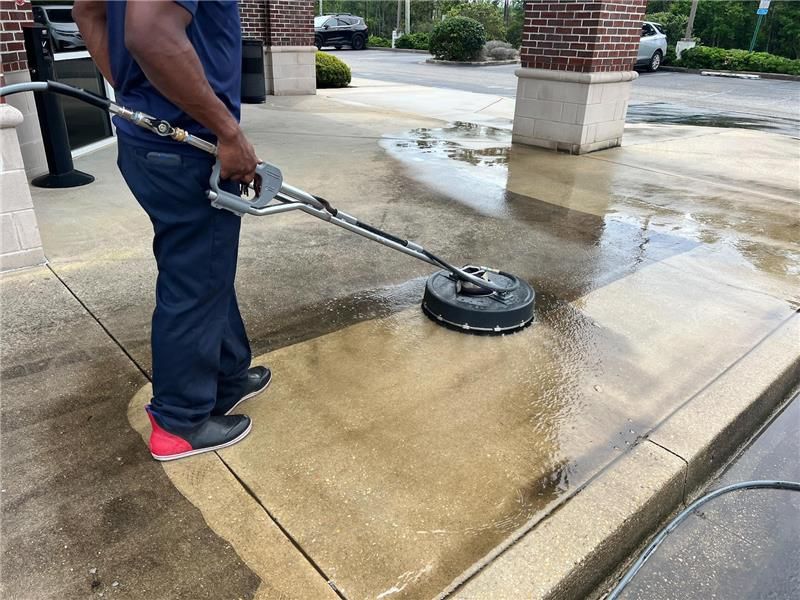 Split image showing a man pressure washing with a wand and another person using a rotary surface cleaner.
