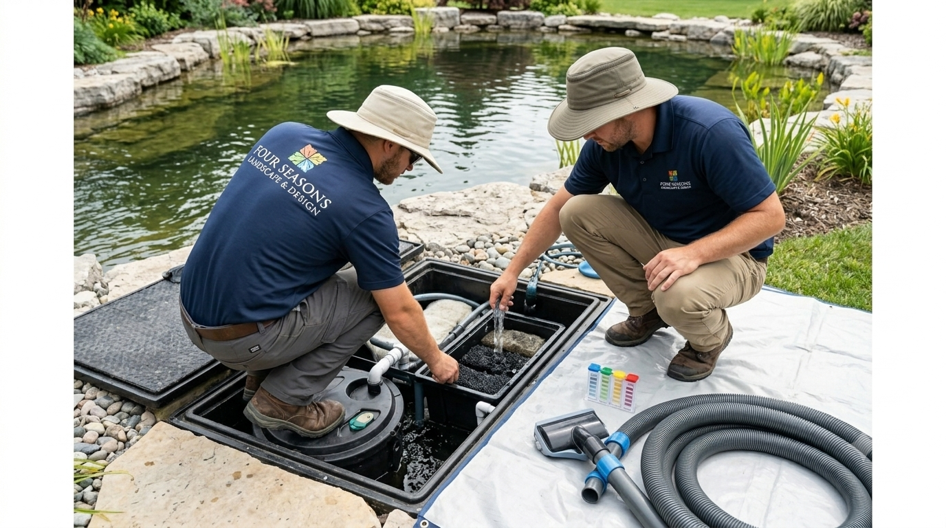 Two workers inspecting equipment in an open ground pool beside coiled hose and tools