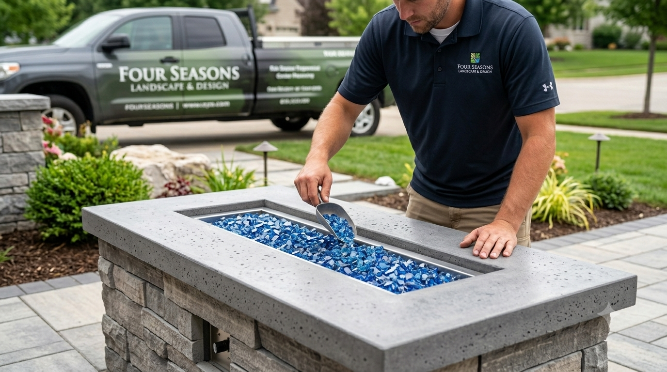 Man installing blue glass in a stone landscape fire pit outdoors