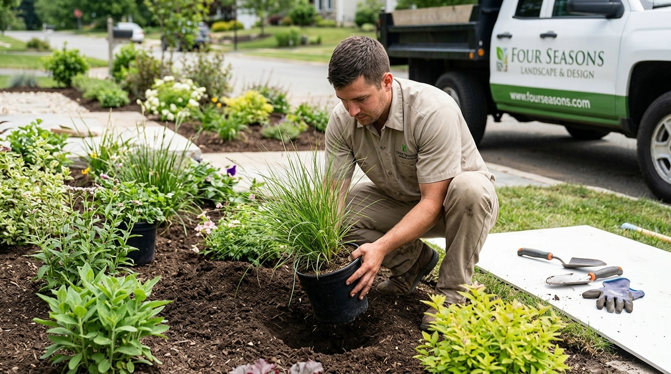 Gardener planting a shrub in a landscaped yard beside a work truck and tools