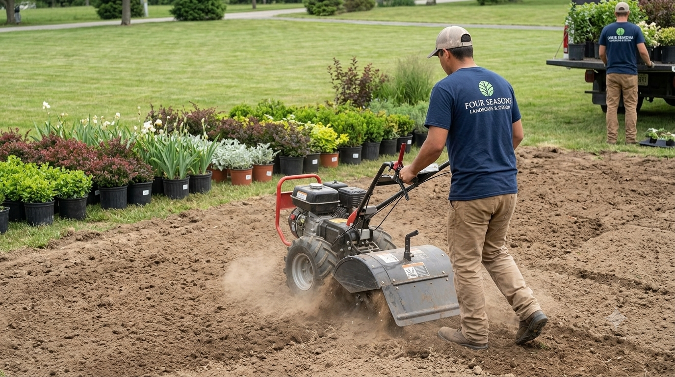 People using a tiller to work soil in a garden nursery, with potted plants in the background
